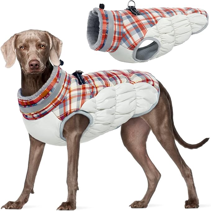 FUAMEY Dog Jacket for Large Dogs Warm Dog Jackets with Harness Built in | Dog Winter Jacket Cold Weather Snow Puppy Vest Water-Resistant Zip up Dog Fleece Jackets High Visibility Red Plaid XXXL