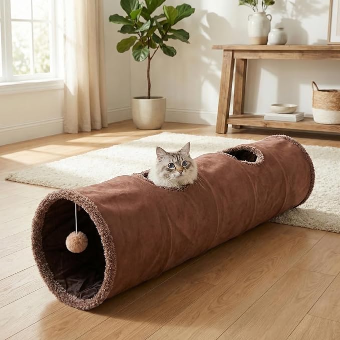 51"x 12" Collasiple Cat Play Tunnel, Cats Tubes and Tunnels, Cat Foldable Hide and Seek Tunnel Toy, Brown Suede Pet Tube Toy for Rabbits, Ferrets, Puppy, Diameter 12 Inch