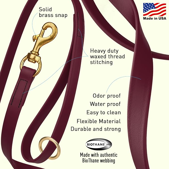 Viper Biothane K9 Working Dog Leash Waterproof Lead for Tracking Training Schutzhund Odor-Proof Long Line with Solid Brass Snap for Puppy Medium and Large Dogs 20in, Merlot Burgundy