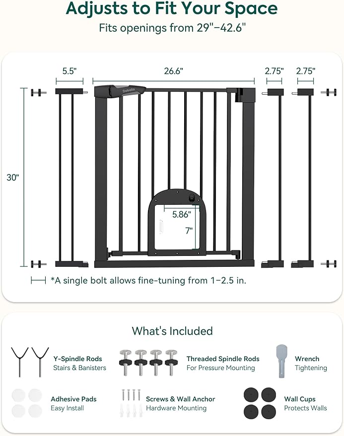 Babelio Baby Gate with Adjustable Cat Door, CatPrivilege III, 29-43" | Auto-Close, Pressure Mounted with No Drilling, Dual Lock Safety Gates For Stairs, Doorways and House, Easy Walk Thru, Black