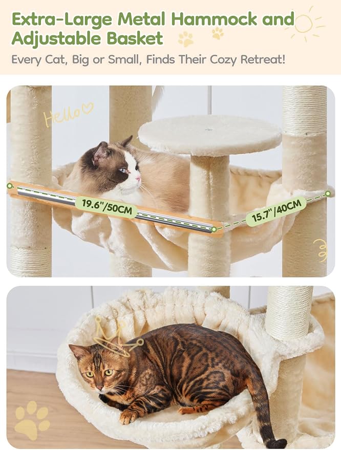 Taoqimiao Tall Cat Tree, 76In XL Cat Tower for Large Cats, 3 Padded Perches | Oversized Metal Hammock, 2 Big Condos, 1-Piece Ramp Scratcher, 7 Natural Sisal Posts, Hanging Basket, Beige, MS047M