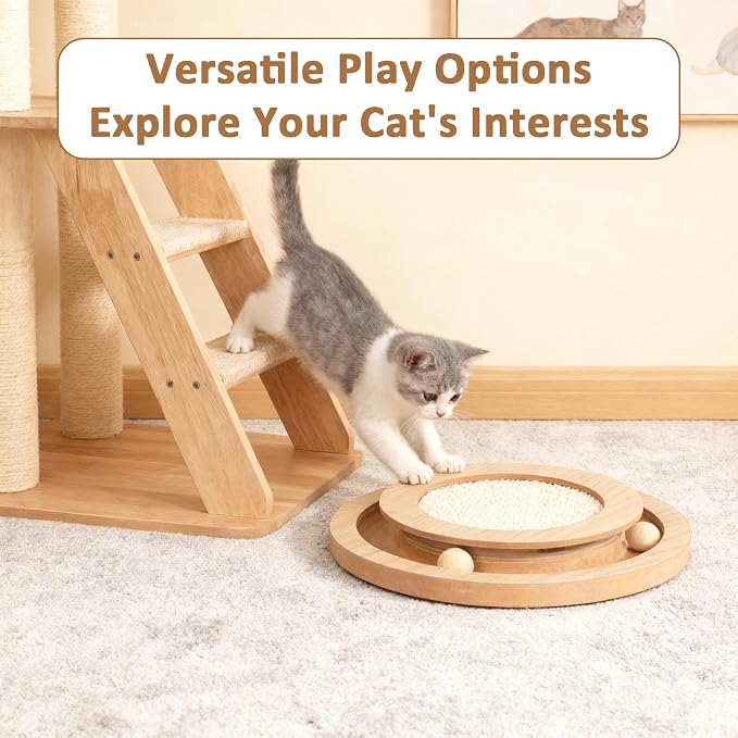 Sisal Cat Scratch Pad with Ball Track Round Wooden Cat Scratchers | Cat Scratching Board for Indoor Small Cats and Kitten Scratching Chasing Playing