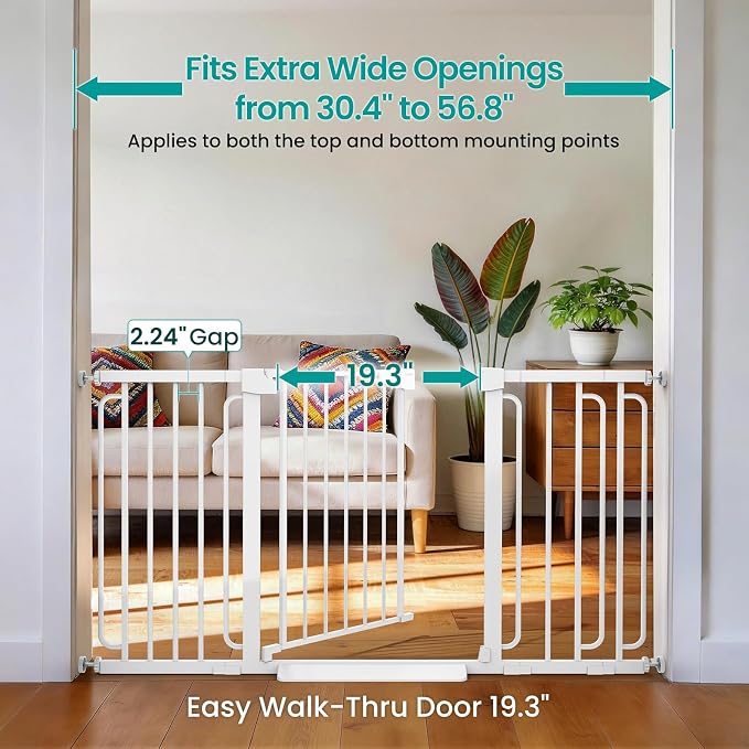 Cumbor 30.4-56.8" Extra Wide Baby Gate, Auto Close Dual Lock Dog Gate White | Easy Install Pressure Mounted Pet Gate for Doorways & Large Openings, Easy Walk Thru Safety Proofing for Babies & Large Dogs