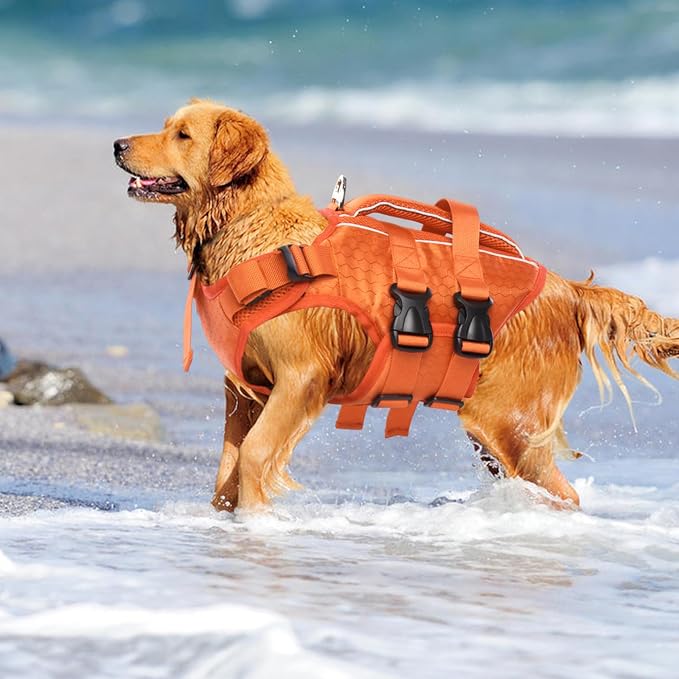 Kuoser Dog Life Jacket, High Flotation Reflective Dog Life Vest, Orange,XXL | Adjustable Dog Lifejackets for Small Medium Large Dogs, Lifevest with Rescue Handle for Swimming, Boating, Lake, Beach & Pool