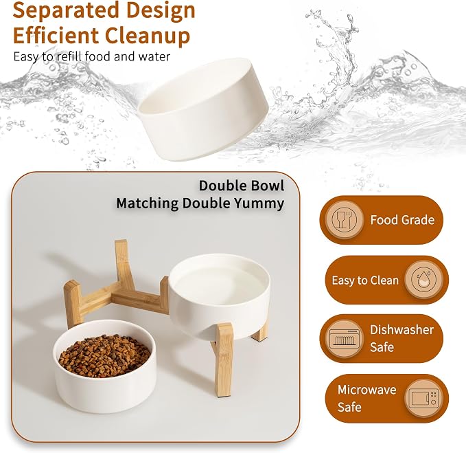 Elevated Ceramic Dog Bowl, 3.6 Cups Dog Food and Water Bowl Set with Stand | 6.1'' Double Dog Feeding Dishes, Non-Slip Raised Dog Feeder for Small and Medium Breeds, 28.74 OZ / 850 ML, White