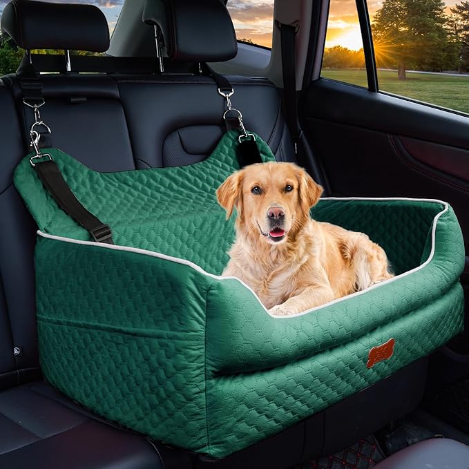 Dog Car Seat for Large/Medium Dogs - Memory Foam Dog Booster Seat for Under 55Lbs or 2 Small Dogs-Detachable and Washable Travel Bed with Thick Cushion and Storage Pockets-Green