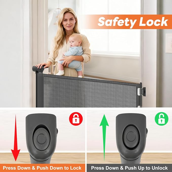 (2 Pack) Retractable Baby Gate for Stairs and Doorways, 55" Wide x 33" Tall Mesh Dog Gate for Indoor & Outdoor Use, Safety Gate for Babies and Pets, Child Gates for Hallways, Hardware Mounted, Gray