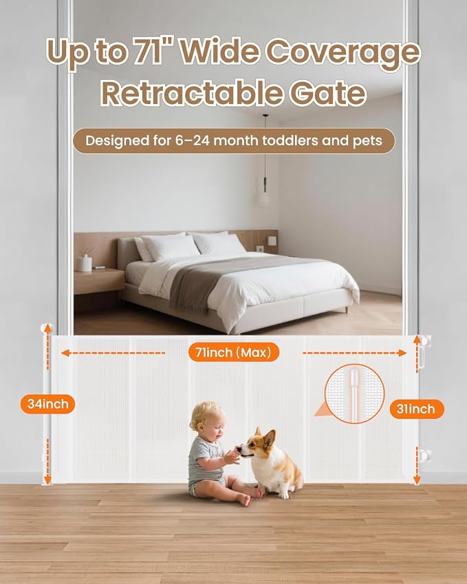 Baby Gate Mesh, 71" Wide 34" Tall Retractable Mesh Baby Gates | Mesh Pet Gate, One-Hand Operation, Baseboard Fit, 6 Reinforced Rods, for Open Kitchen, Living Room & Playroom, White