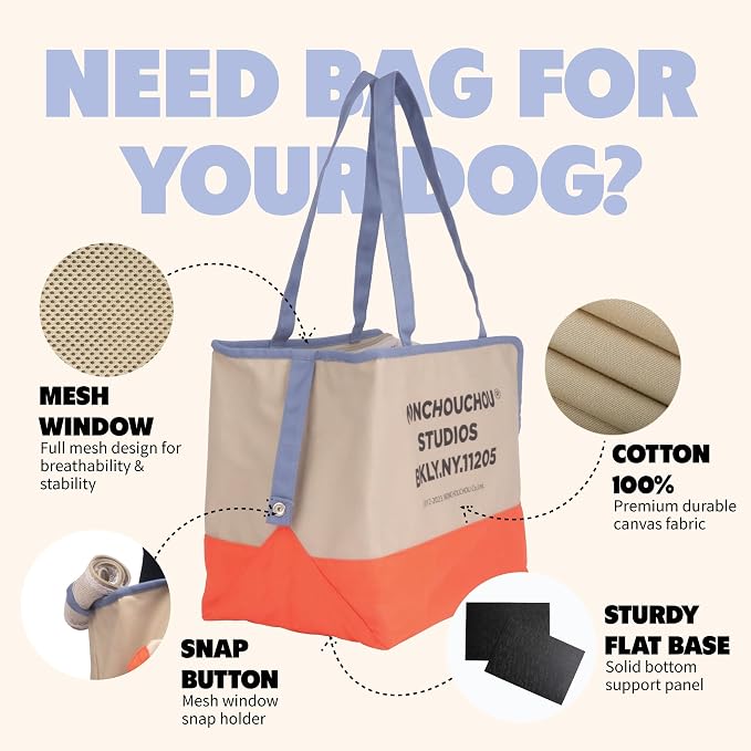 Dog Tote Bag for Small Dogs 4–20 lbs with Safety Leash, Purse Carrier,Beige | safety leash hooks, removable cushion cover, and flat support base for comfortable everyday travel and hands-free carrying.