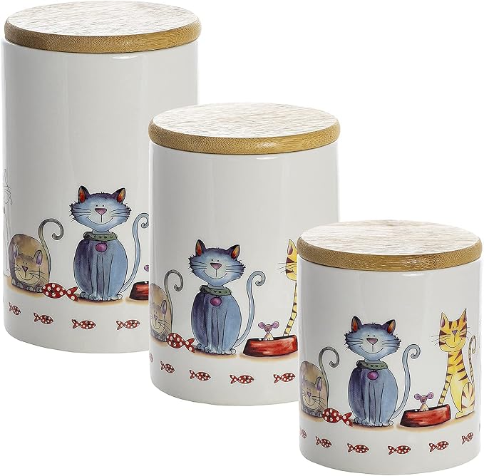 SPOTTED DOG GIFT COMPANY Canisters Sets for the Kitchen Countertop, 3-Piece Airtight Ceramic Food Storage Containers with Lids for Coffee Tea Sugar, Gifts for People Who Love Cats