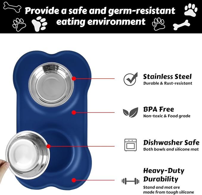 AsFrost Dog Food Bowls Stainless Steel Dog Food and Water Bowl Set, Dog Bowls No Spill Non Slip Silicone Mat, Dog Dishes for Small Medium Size Dogs Cat Puppy Pet Food Feeding Bowls, Blue, 12oz