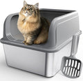 Powools Stainless Steel Cat Litter Box, High-Sided, Grey, XXL (1 Pack) | Metal Litter Box with Scoop, Anti-Leakage Top Entry, Non-Sticky, Easy to Clean, 8-Inch Splash-Proof Deep Pan