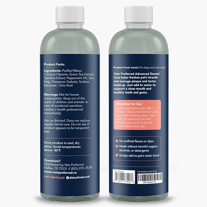 Vets Preferred Dog Breath Freshener & Water Additive for Dental Care – Fights Bad Breath, Removes Tartar & Plaque – Dog Mouthwash for Healthy Teeth & Gums, Gingivitis Support – Mint Flavor
