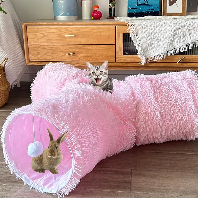 3-Way Collapsible Cat Tunnel Tube Toy Pink Plush | Interactive Play Tunnel with Hanging Ball & Peek Hole for Indoor Cats, Kittens, Puppies & Rabbits | Hours of Fun & Exercise