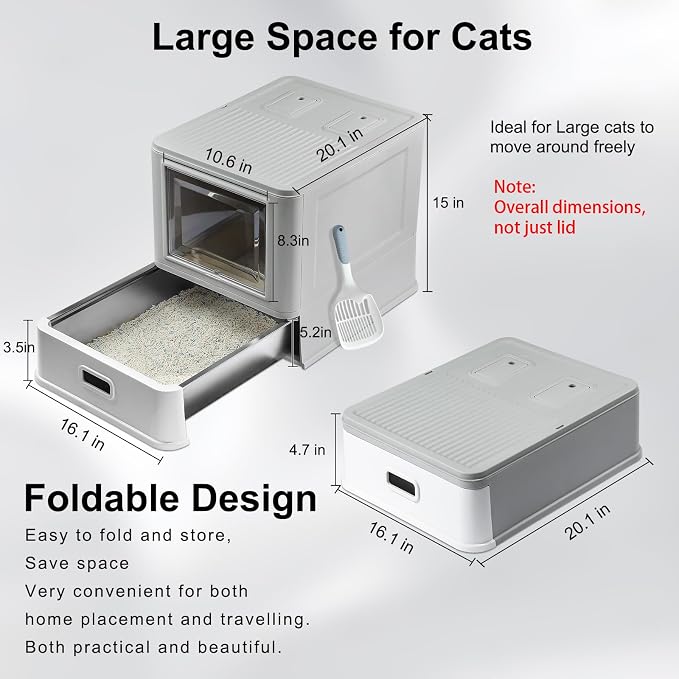 Marchul Enclosed Stainless Steel Cat Litter Box with Lid & Drawer Design for Indoor All Lifestyles Cats, Metal Covered Cat Litter Box, Baffles for Anti-Leakag, with Litter Scoop & Litter Mat