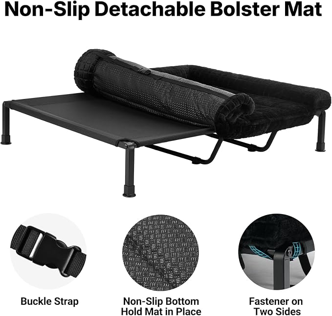 Veehoo Elevated Dog Bed with Fluffy Plush Bolster Cushion, Dog Couch Bed | Cooling Raised Dog Bed for Large Dogs, Washable Orthopedic Pet Cot with Removable Mat, Breathable Mesh, Non-Slip, 59", Black