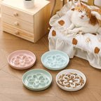 Melamine Cat Slow Feeder Bowl - Floral Maze Cat Food Dish - Flat Plate for Dry & Wet Food - Cute Kitten Bowl - Dishwasher Safe - 6.3'' W x 1'' H - 5.5 oz (160g) - Pink