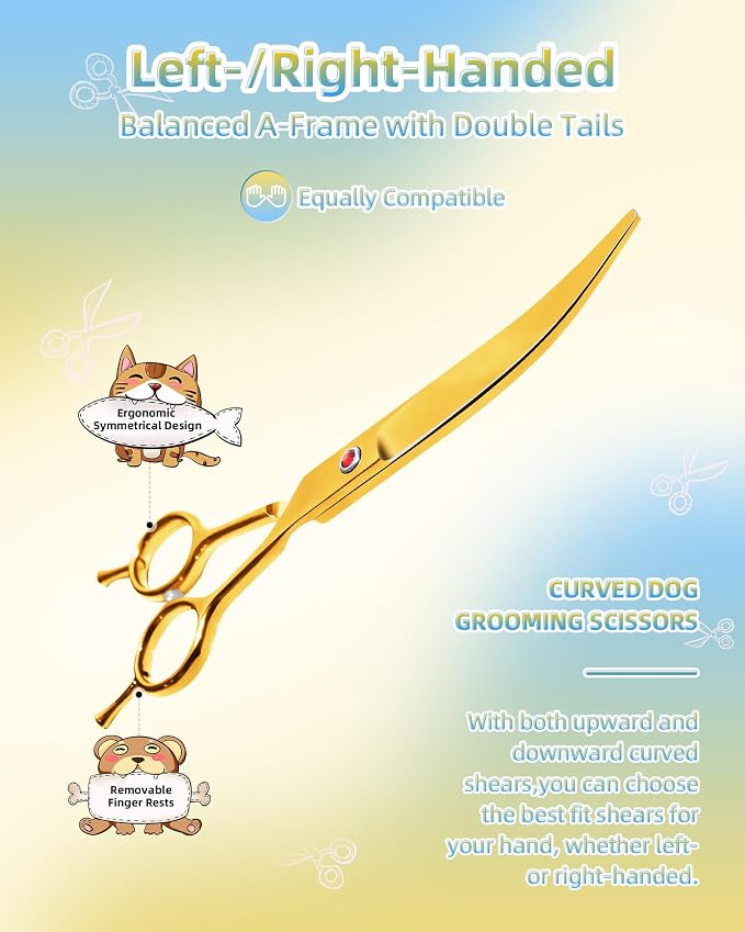 Curved Scissors for Dog Grooming, Dog Grooming Scissors Curved with Noise Reduction Pad, Light Weight,7.5" Pet Cutting Shears Safety Trimming Shearing for Dogs Cats (Curved, Golden)