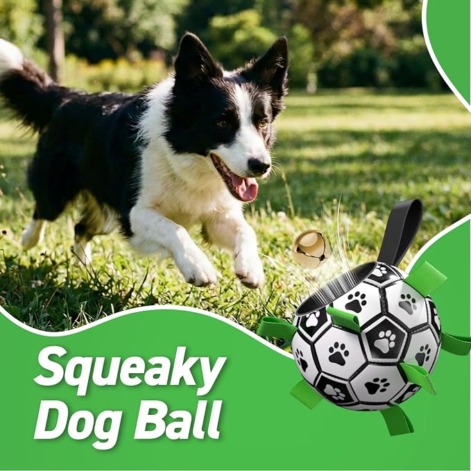 QDAN Dog Soccer Balls Toy with Bell Inside, Squeaky Ball for Large Dogs | 8 Inch Interactive Dog Toys for Tug of War, Durable Ropes Toys for 30-90 lbs Dogs, Large Herding Ball for Dogs Outside