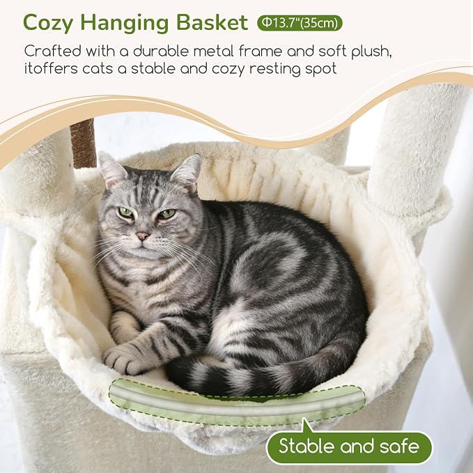 Globlazer F74D Cat Tree for Large Cats 20+ lbs, 74in Tall Tower, Beige | Easy Assembly, Maine Coon, Large Cats, 2 Condos, Steel-Rim Basket Bowl, Plush Bed, 2 Perches, Sisal Posts, Anti-Topple Strap