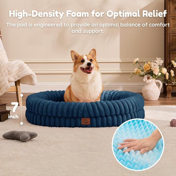 ChiXnuggle Orthopedic Dog Bed, Washable Cover, Faux Fur Bolster Pet Couch | waterproof,egg crate foam,non-slip bottom,for large dogs,navy,35*28*7,dog sofa