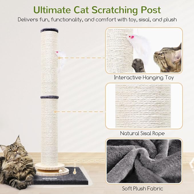 Globlazer 35in Tall 3.9-in Thick Cat Scratching Post for Adult Cats, SC35 | Durable Natural Sisal Rope, Solid Wood Track Ball Game, Interactive Hanging Toy, Enlarged Base, Custom Tier