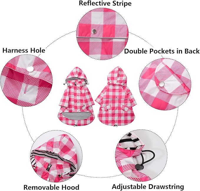 Dog rain Coat Waterproof Raincoat Puppy Jacket with Legs Buttons Zipper Hood Drawstring Fit for Yorkie Terrier Schnauzer Poodle Border Collie Labrador Golden Retriever 8lbs to 80lbs Pink M