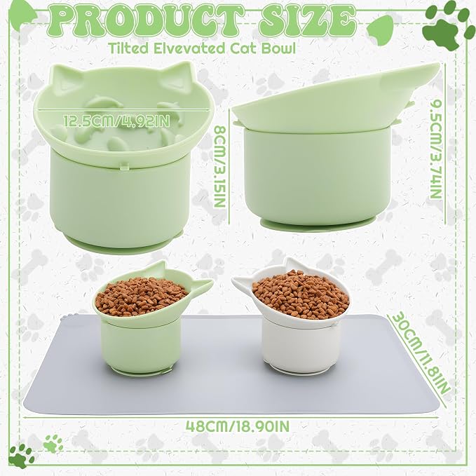 2 Pack Slow Feeder Cat Bowls Silicone Tilted Raised Pet Bowl with Non Slip Base for Digestion Anti Vomit, Gray, Green