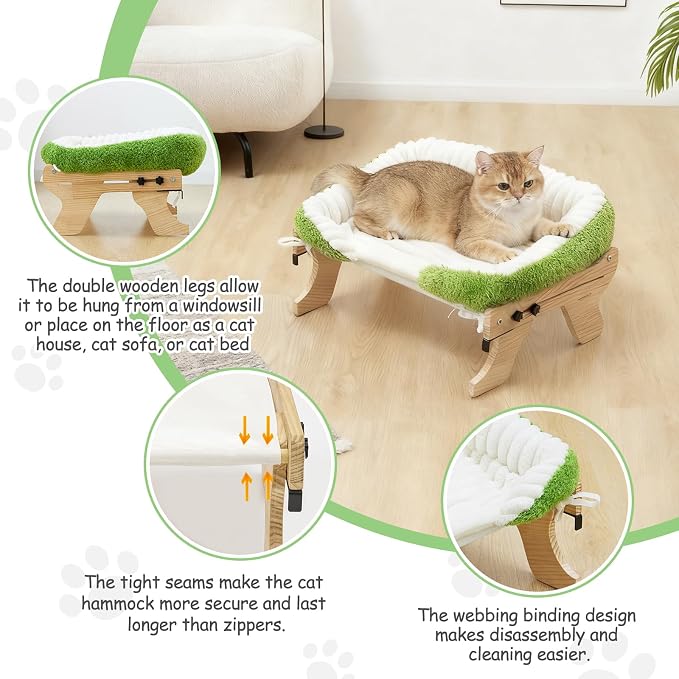 Wooden Cat Window Perch Bed, White and Green | Sturdy Wooden Frame, Removable Washable Cover, Window Sill Hanging, All Seasons Comfort