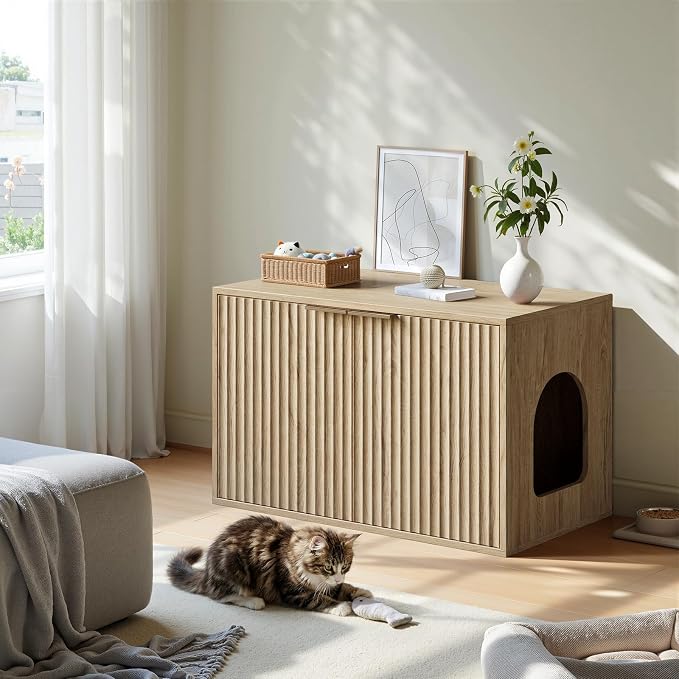 Evermagin 31.5" Cat Litter Box Enclosure Furniture | Oak Hidden Litter Box Cabinet, Modern Indoor Cat House, Fluted Kitty End Table for Living Room, Bedroom, Entryway