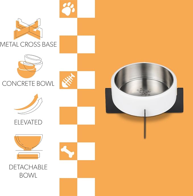 DBL3000E Intersecta Small/Medium Concrete and Stainless Steel Bowl 16oz (2 Cups) with Metal Stand Pet Feeder, White/Black