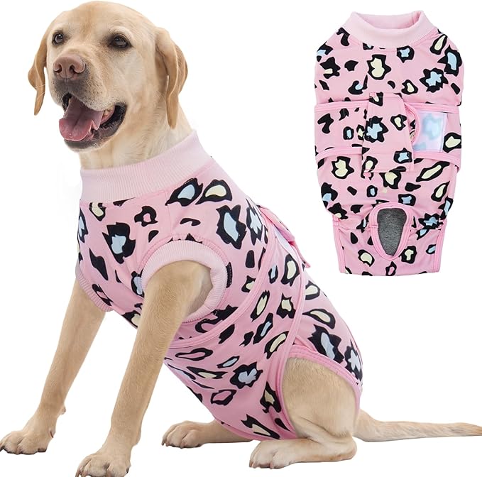 FUAMEY Dog Recovery Suit, Soft Surgical Suit for Dogs Onesie for Surgery | Cone Alternative after Surgery, Abdominal Wound Protector, Anti Lick Suit, Dog Onesie for Surgery Female Male Pink Leopard XL