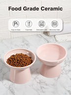LoeJan Elevated Cat Food and Water Bowls Set, Pink - Raised Ceramic Anti-Vomit Whisker-Free Feeder for Kittens to Adult Cats