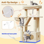 Taoqimiao Cat Tree, 38.5In Cat Tower for Indoor Cats, Suitable for Kittens | Thick Padded Top Perch, Luxurious Cat Condo, Adjustable Basket, 1-Piece Ramp Scratcher, 3 Natural Sisal Posts, Beige, MS029SM
