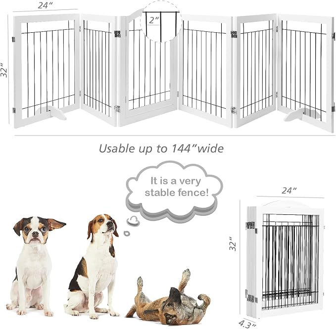 PAWLAND 144-inch Extra Wide 30-inches Tall Dog gate with Door Walk Through, Freestanding Wire Pet Gate for The House, Doorway, Stairs, Pet Puppy Safety Fence, Support Feet Included, White,6 Panels