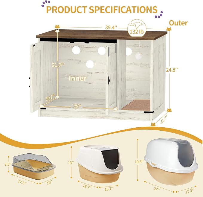 Hzuaneri Cat Litter Box Enclosure, Hidden Litter Box Cabinet Furniture | Indoor Cat House with Bell, Farmhouse Style, 31.5 x 19.7 x 20.9 Inches, for Hallway, Bedroom, Rustic Brown and White CB85214X