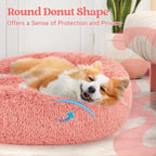 rabbitgoo Calming Cat Beds for Indoor Cats, 30 inches, Pink | Soft Warm Donut, Fluffy Faux Fur, Supportive Raised Rim, Anti-slip, Machine Washable, Up to 45lbs Pets