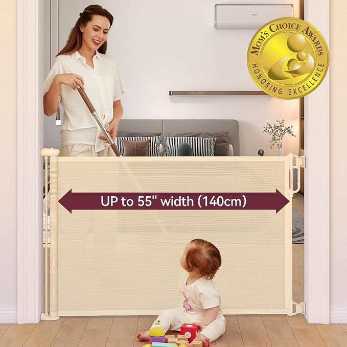 Momcozy Retractable Easy-to-Use Mesh Baby Gate | 33-Inch Tall, Extends to 55-Inch Wide, for Stairs, Doorways, Hallways, for Pet Dogs and Cats, Indoor/Outdoor Baby Gate