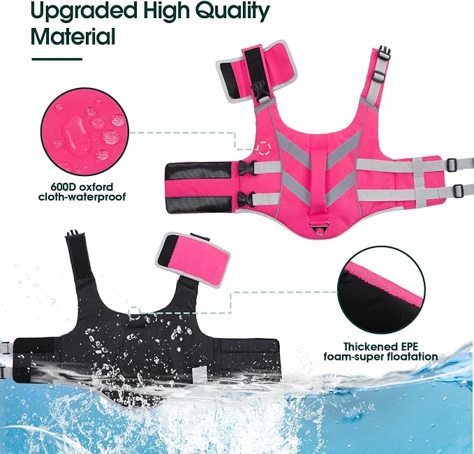Kuoser Reflective Dog Life Jacket, Dog Life Vest for Swimming Boating | Adjustable Pet Lifejackets, High Flotation Doggie Swimsuit with Rescue Handle for Small Medium Large Dogs