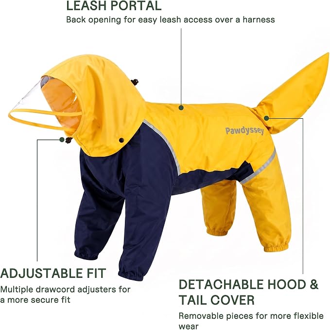 Full-Body Dog Raincoat with Detachable Hood, Waterproof Reflective Dog Rain Jacket with Tail Cover, Adjustable Fit and Leash Portal for Rainy Walks, Bright Yellow, X-Large