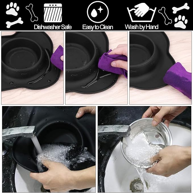 AsFrost Dog Food Bowls Stainless Steel Dog Bowls, Dog Food and Water Bowl Set with No Spill Non-Skid Silicone Mat, Dog Dishes for Small Medium Large Sized Dogs Pet Cat Food Bowls, 6 Cup, Black