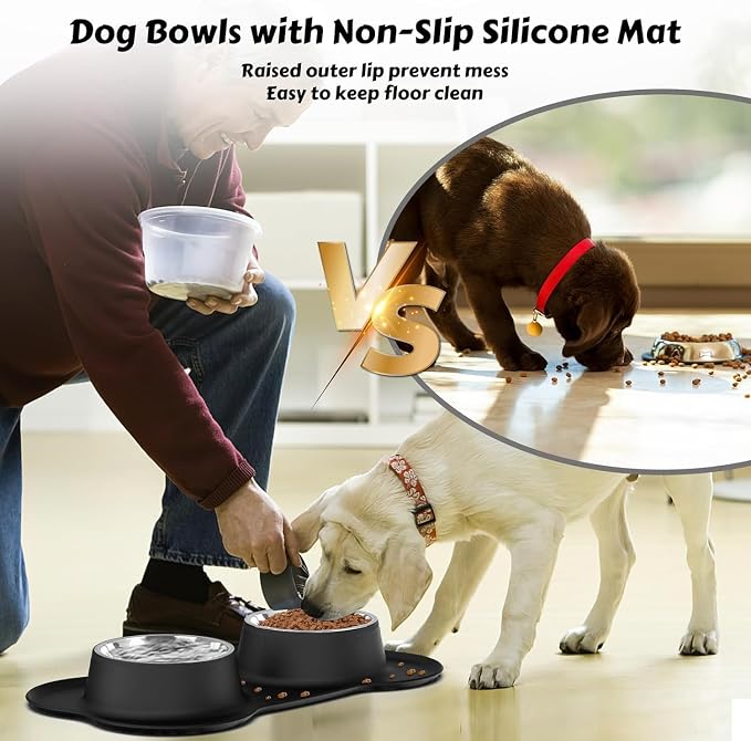 AsFrost Dog Food Bowls Stainless Steel Dog Bowls, Dog Food and Water Bowl Set with No Spill Non-Skid Silicone Mat, Dog Dishes for Small Medium Large Sized Dogs Pet Cat Food Bowls, 6 Cup, Black