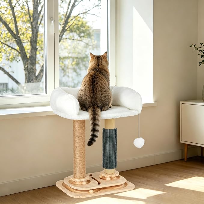 Cat Scratching Post with Bed, 4-in-1 Small Cat Tree Tower | Sisal Scratcher, Elevated Washable Bed, Track Ball Toy, Built-in Self-Groomer