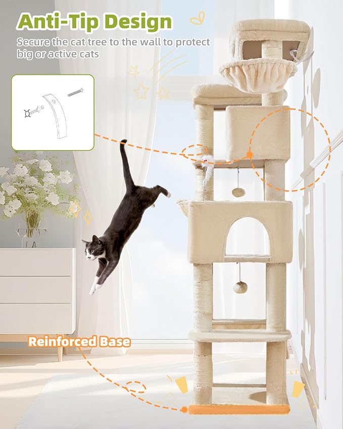 Taoqimiao 76in Cat Tree, Tall Sturdy Cat Tower for Large Indoor Cats MS046M | Easy assembly, Sturdy, Multi Level, Easy Clean, Cozy Condo, Perches, Baskets, Suitable for Kittens and Adult Cats