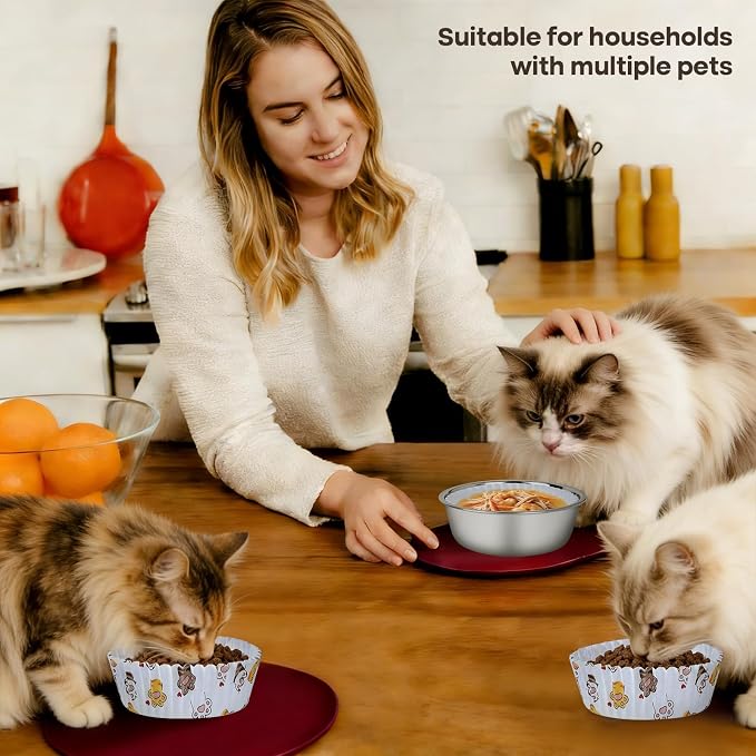 Bulk Disposable Cat Bowls Set (300 Pcs Cat Food Bowl Liners + 2 Pcs Stainless Steel Pet Bowls) Small Paper Bowls for Puppy Kitten Small Dogs and Cats, Ideal for Dry & Wet Food (White, Cat Paw Print)