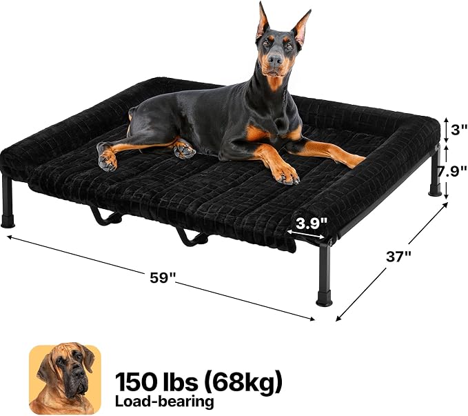 Veehoo Elevated Dog Bed with Fluffy Plush Bolster Cushion, Dog Couch Bed | Cooling Raised Dog Bed for Large Dogs, Washable Orthopedic Pet Cot with Removable Mat, Breathable Mesh, Non-Slip, 59", Black