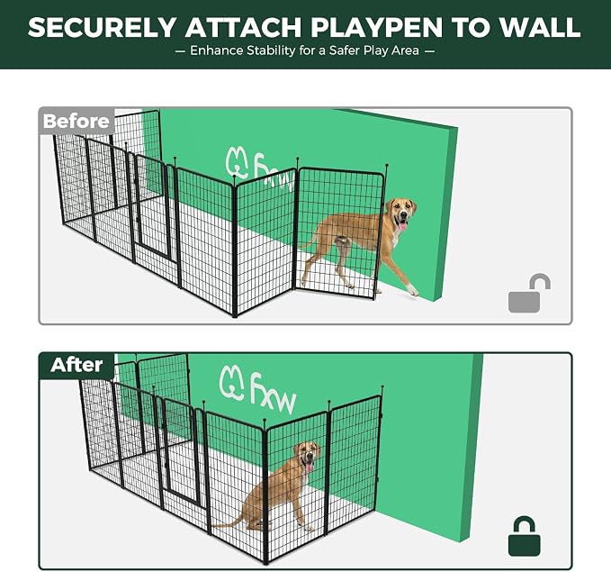 FXW Rollick Dog Playpen Wall Connection Set for Indoor and Yard, 50 Inch 8 Panels for Large Dogs with 4 Fence-to-Wall Anchors, Black | Patented