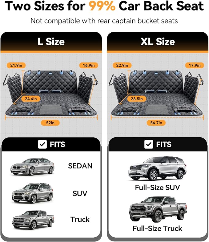 Rorhxia Truck Dog Seat Cover for Backseat, [Ultimate Safe, Comfort and Large Space] Waterproof 600D Heavy Duty Dog Car Hammock, Release Passenger Seats, Full-Size SUV/Truck, Large Dog Friendly, XL
