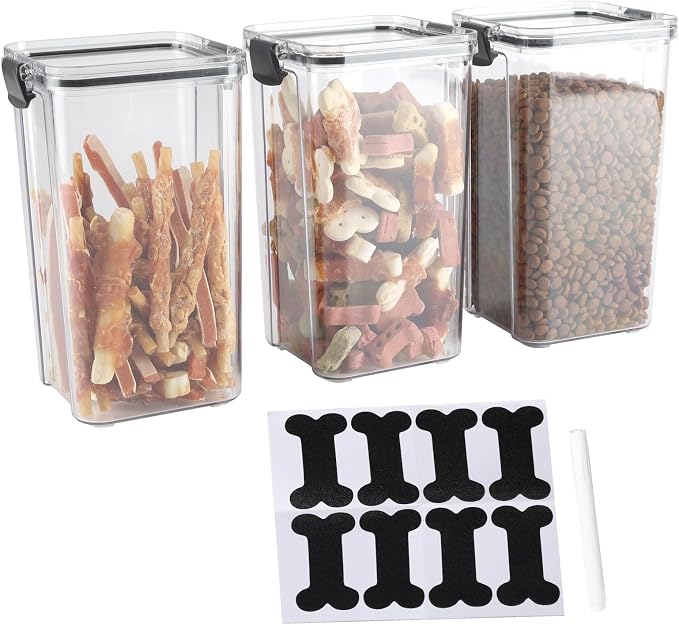 3Pack Pet Food Storage Containers, Airtight Dog Food Storage Container with Locking Clips, Dog Treat Container with a Stickers & Pen for Customizing , for Pet,Bird Seeds,Dog & Cat Treats(Black)
