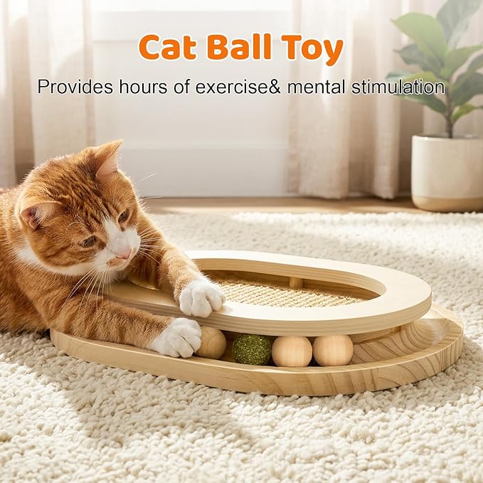 Cat Scratcher, Sisal Scratch Pad with Interactive Ball Track | No Assembly, Natural Sisal, Solid Base, Track with 3 Wooden Balls + 1 Catnip Ball, No Slip Pads, for Cat Exercise Sleep Chase